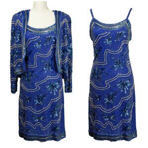 Vintage Silk Beaded Sleeveless Dress Cobalt Blue Gaudy 80s Embellished Dress Set